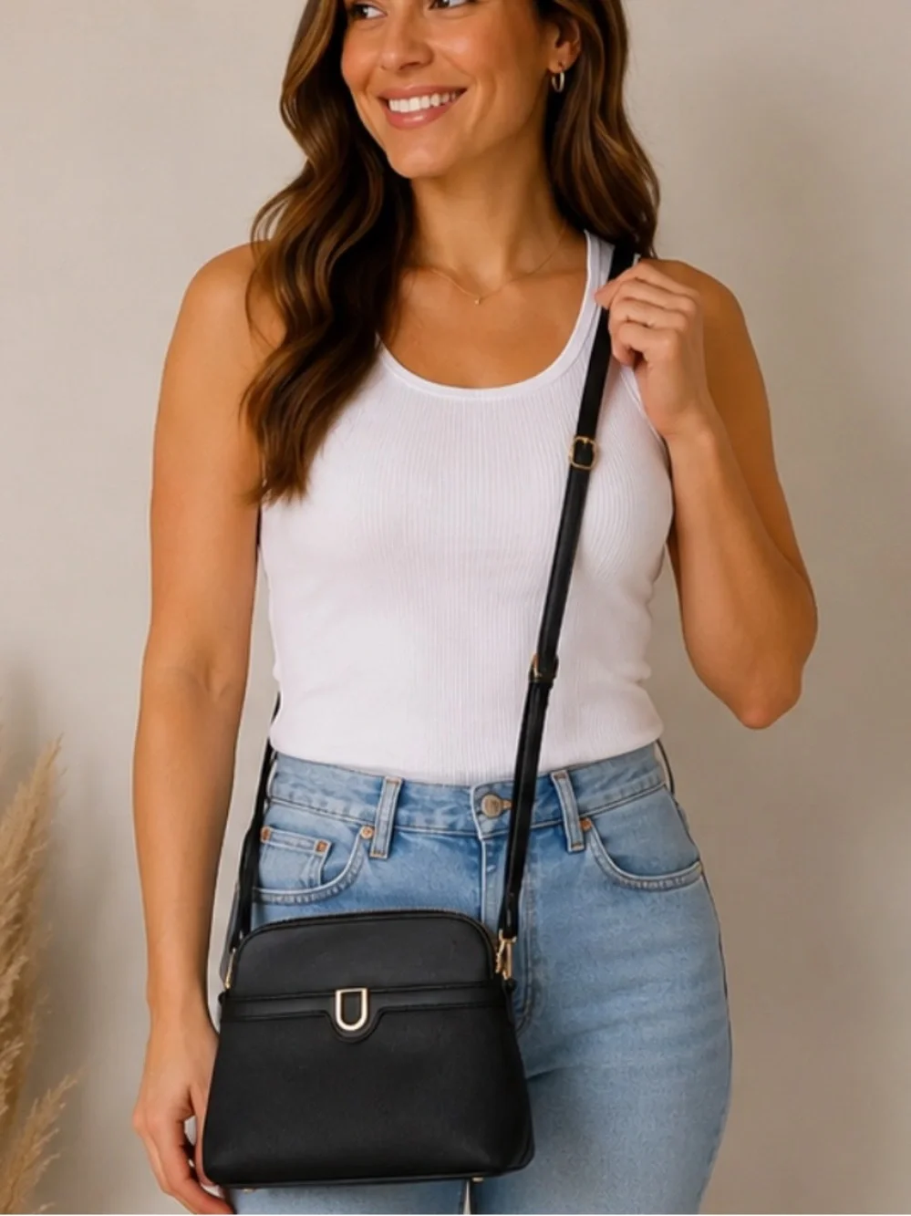 Black Crossbody Bag Faux Leather Shoulder Purse Gold Hardware